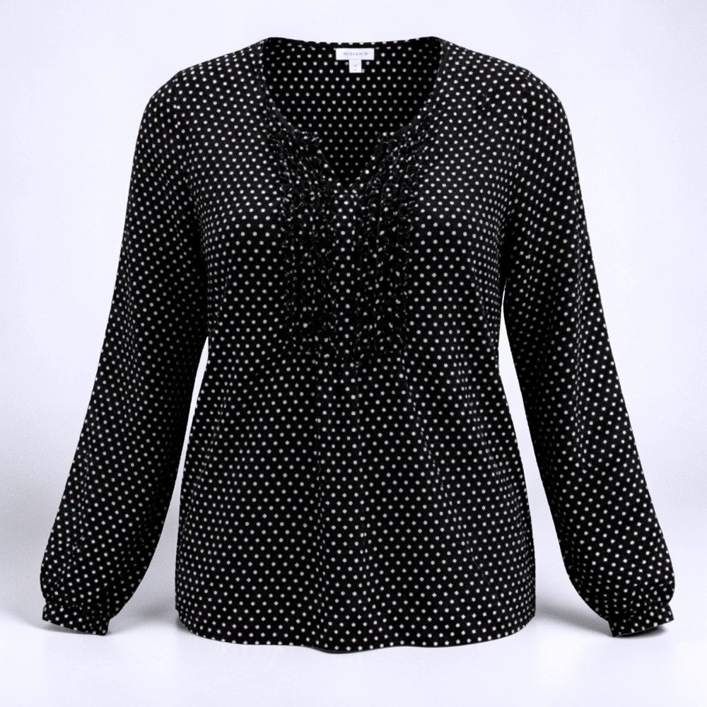Talbots‎ Polka Dot Ruffle Front Blouse Black White Long Sleeve Top Womens Medium